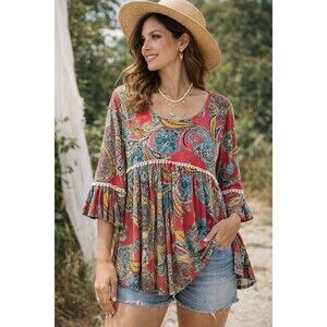 Boho Paisley Large Honeyme  Babydoll Top Bell Sleeve Flowy Boutique Blouse